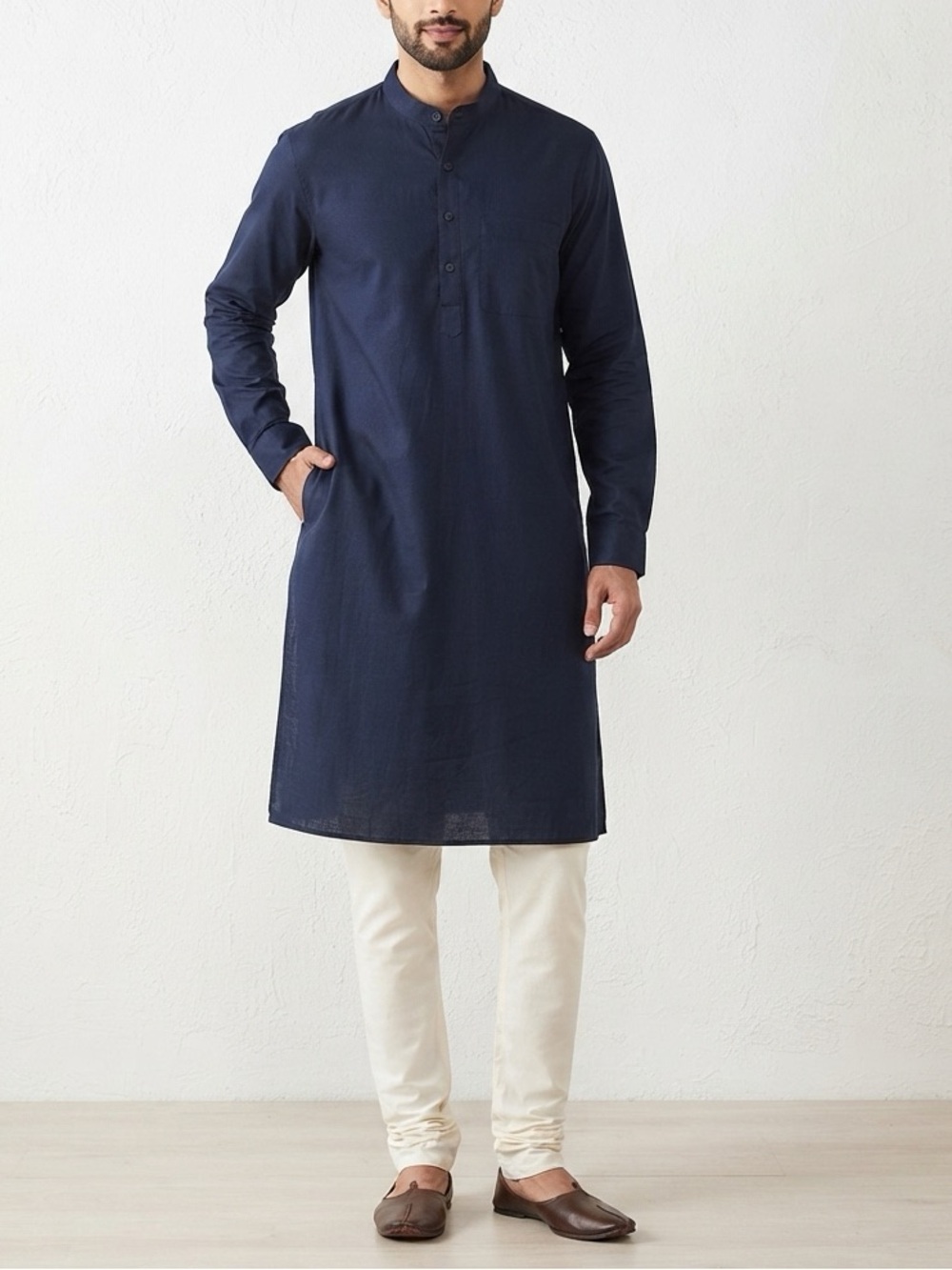 Fabindia Men Navy Blue Cotton Kurta NWT Size L Comfort Fit Long Shirt❤️